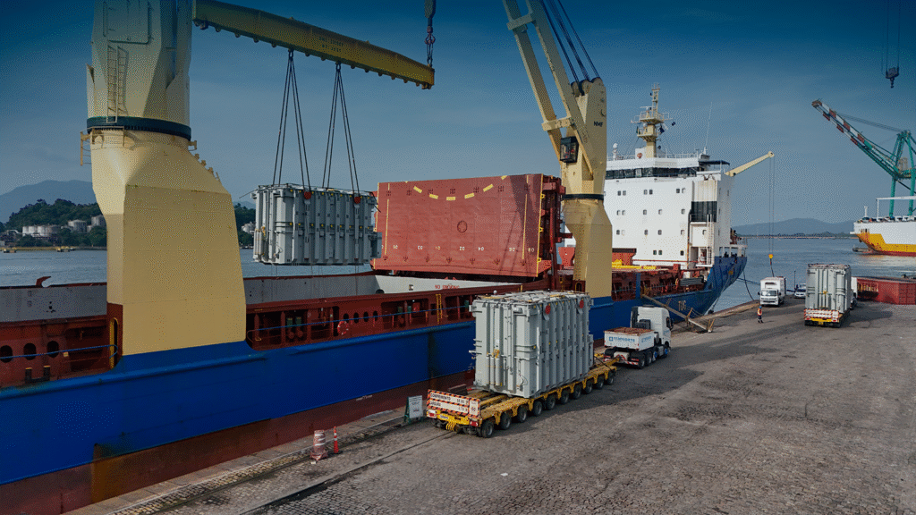 Inspeção de embarque e descarga de cargas durante operação portuária